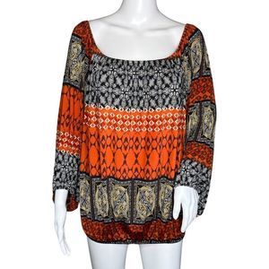 Emma Rose Shirt Womens XL Orange Gray Aztec Stripe‎ Blouse Boho Bohemian Peasant